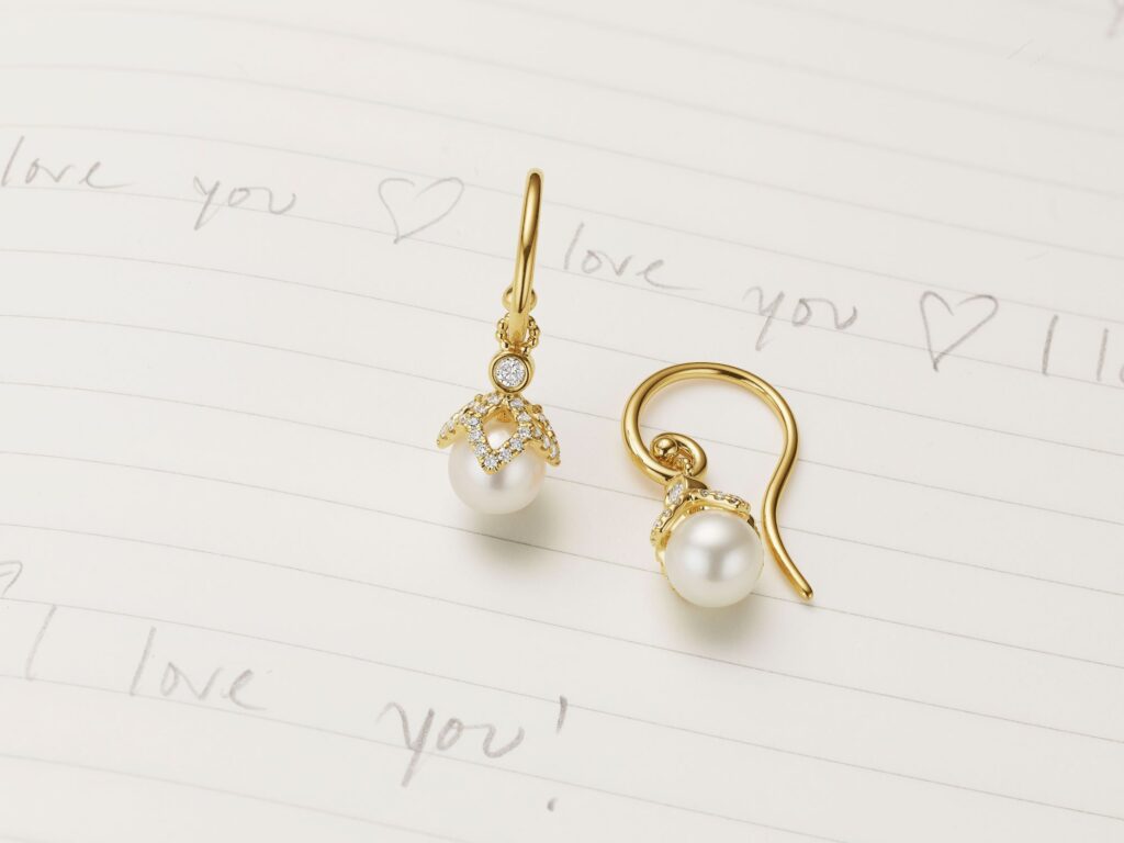 yellow gold, diamond, and pearl dangle earrings